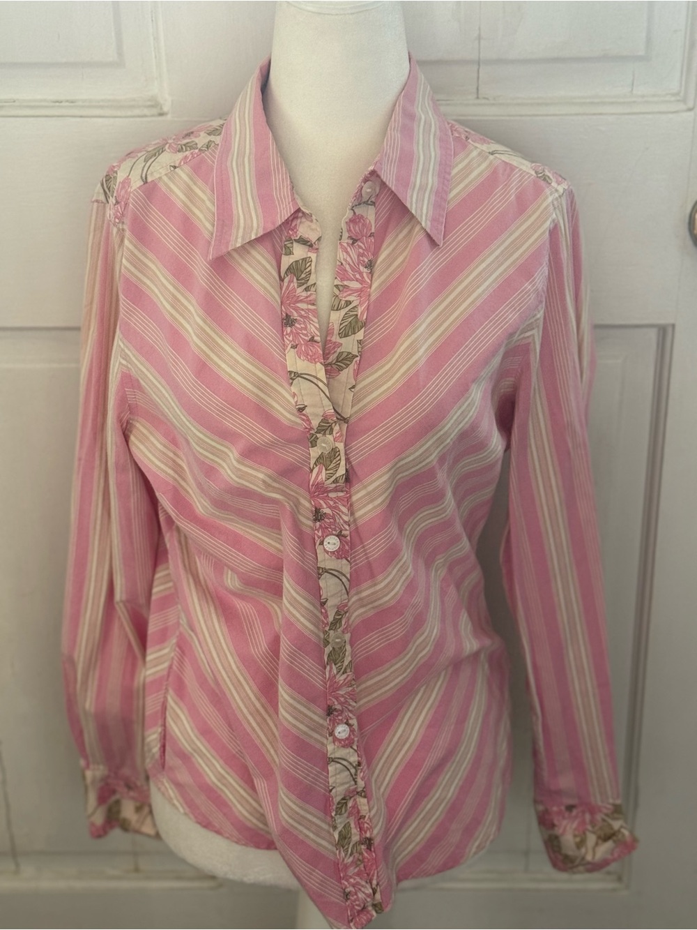 Vintage Tommy Hilfiger Striped Pink Button-Up Shirt with Floral Trim